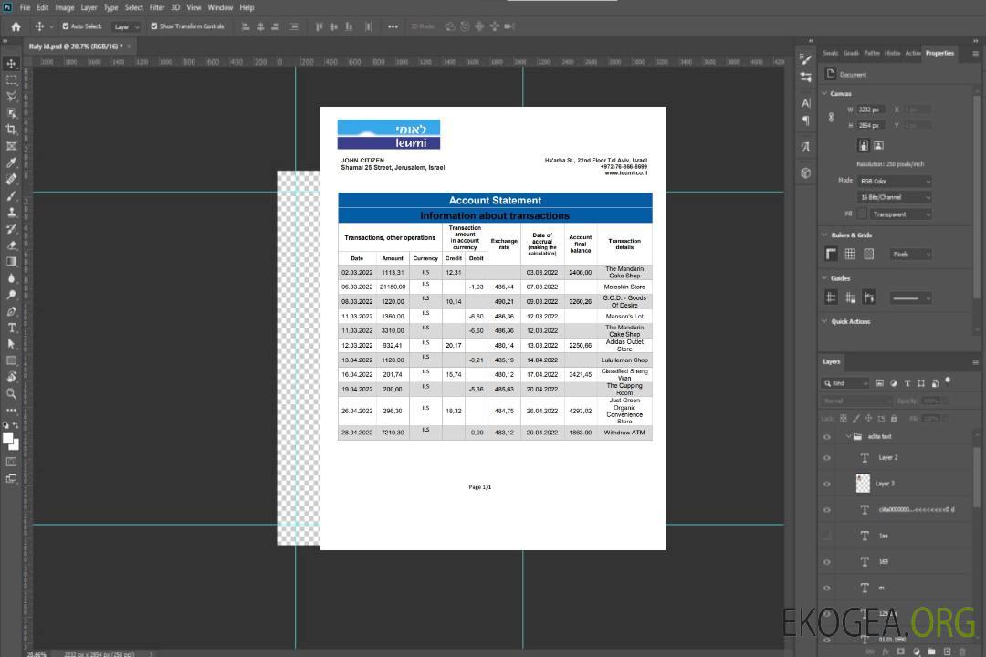 Relevé de la banque Israël Leumi template Relevé de la banque Israël Leumi template